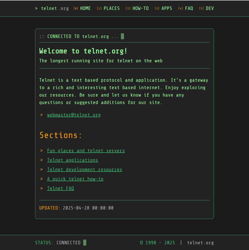 The telnet.org site after the redesign